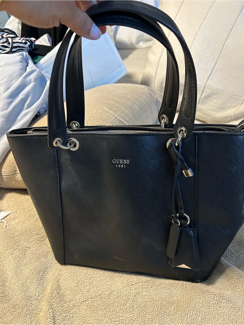 GUESS Black Structured Saffiano Tote with Gold Hardware